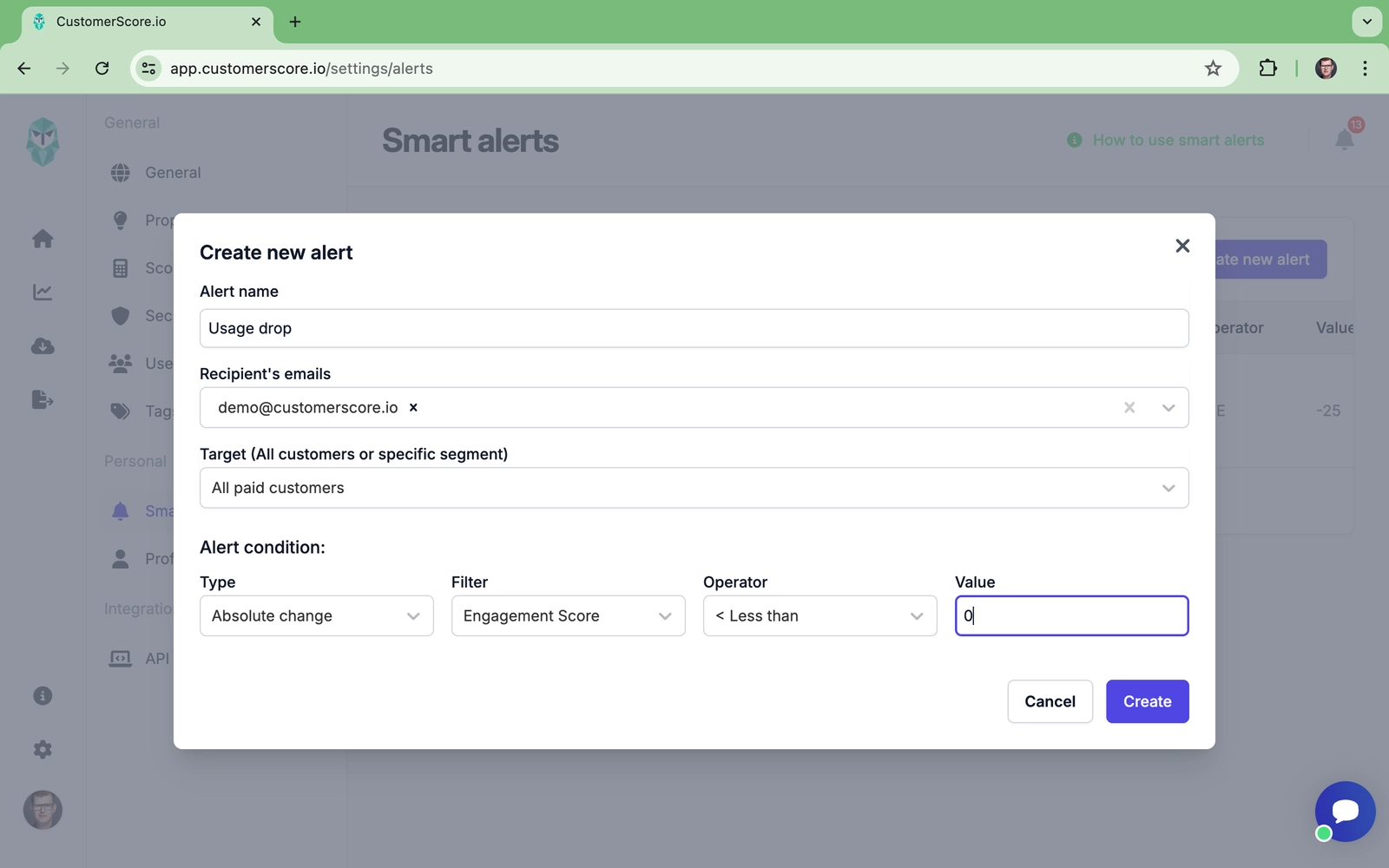 Customerscore.io - Smart alert setup