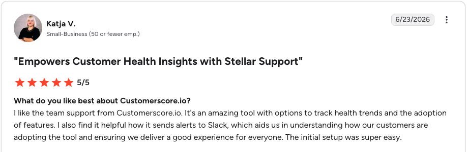 Five-star G2 review of Customerscore.io: "Empowers Customer Health Insights with Stellar Support", praising health trend tracking, Slack alerts, and easy setup