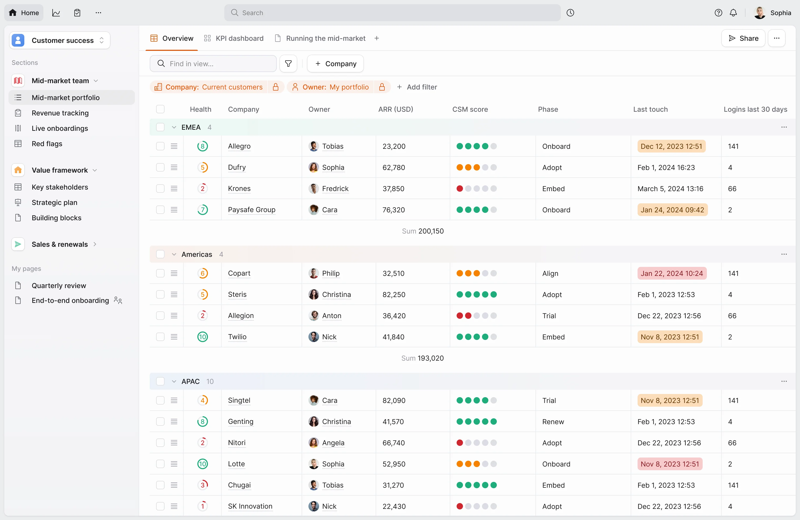 Planhat portfolio view with health, ARR, CSM score, and lifecycle phase per account