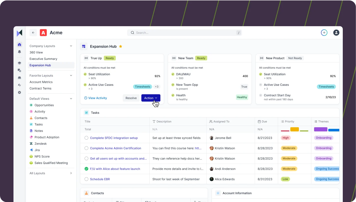 Totango Expansion Hub with expansion signals, tasks, and account conditions