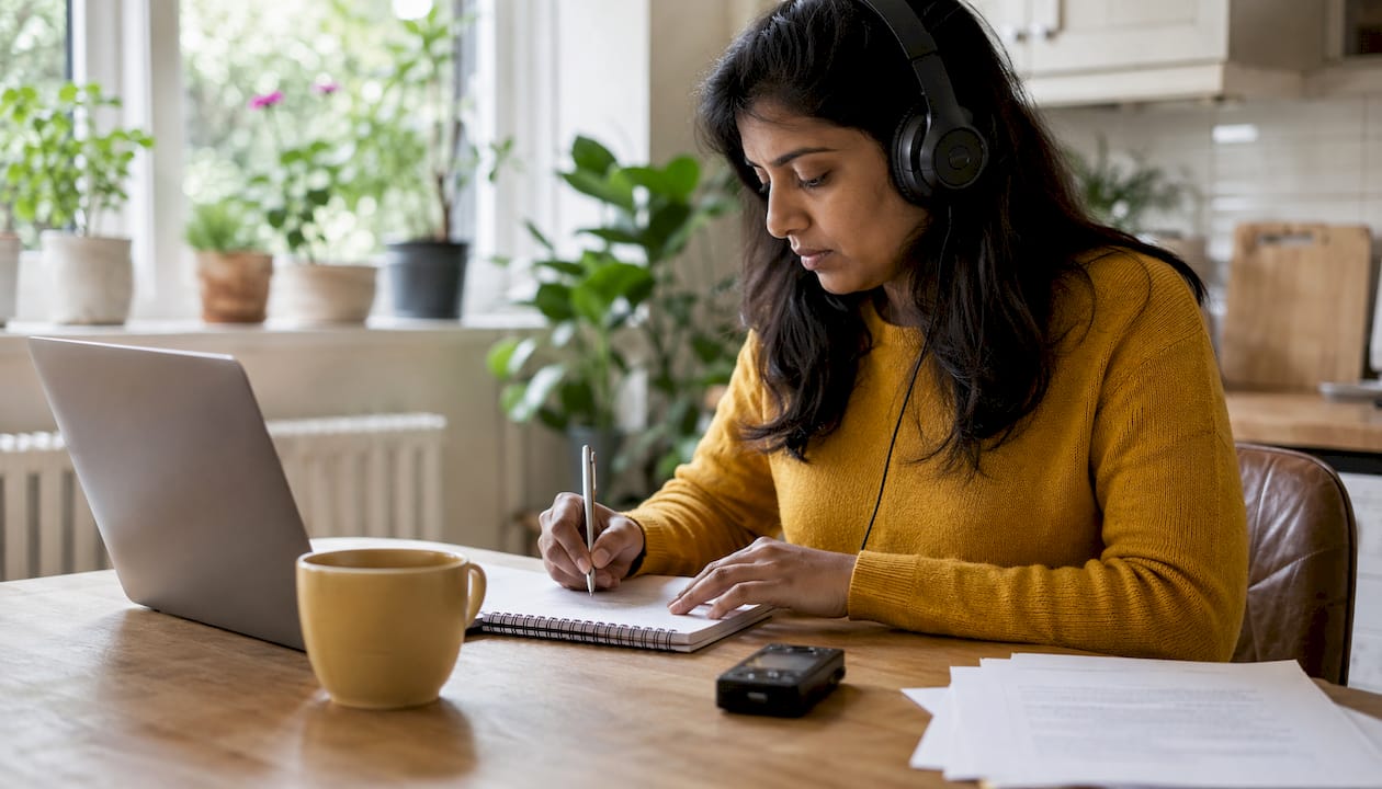 Hands taking notes from AI call transcription
