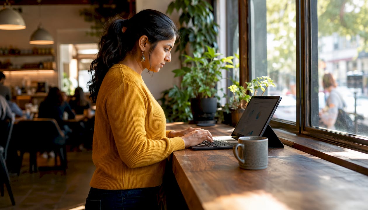 Data analyst integrating customer profiles at desk